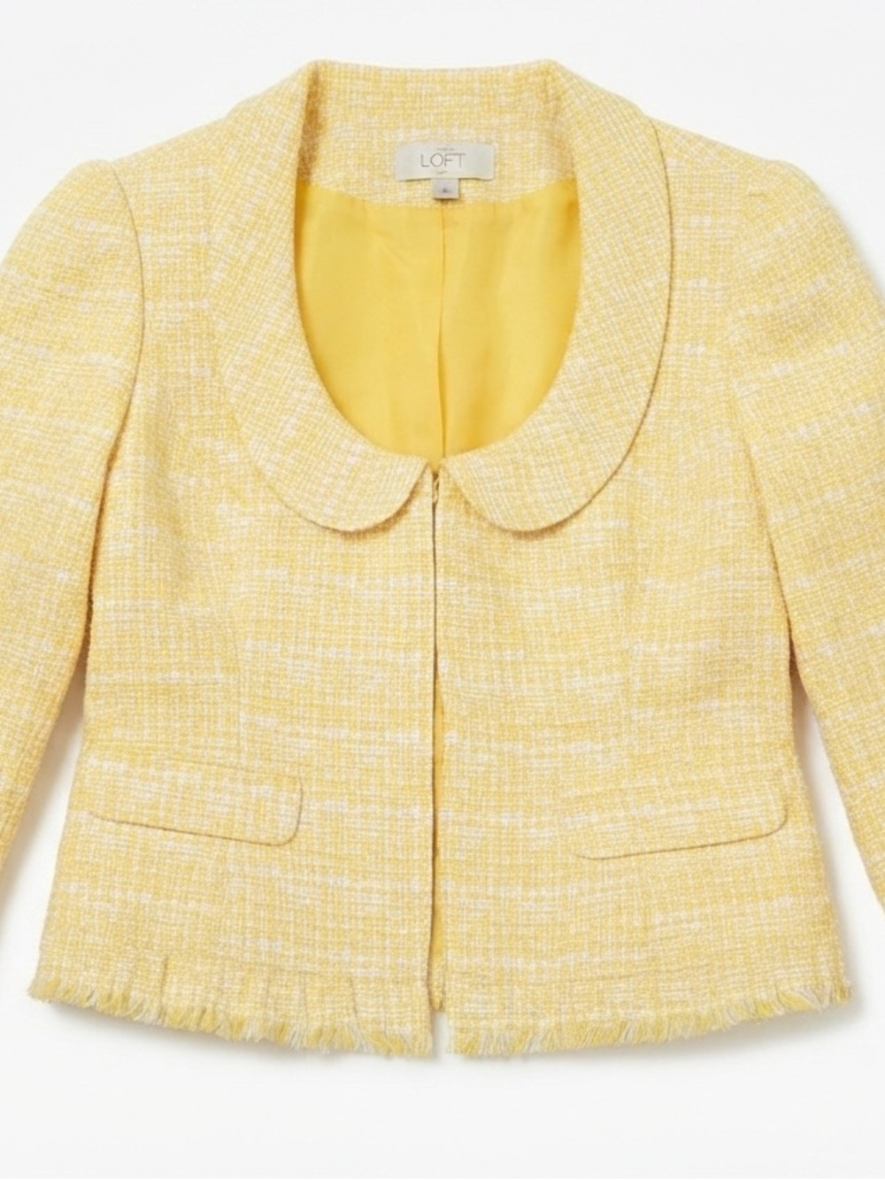 LOFT Pale Yellow Tweed Cropped Blazer with Rounded Collar